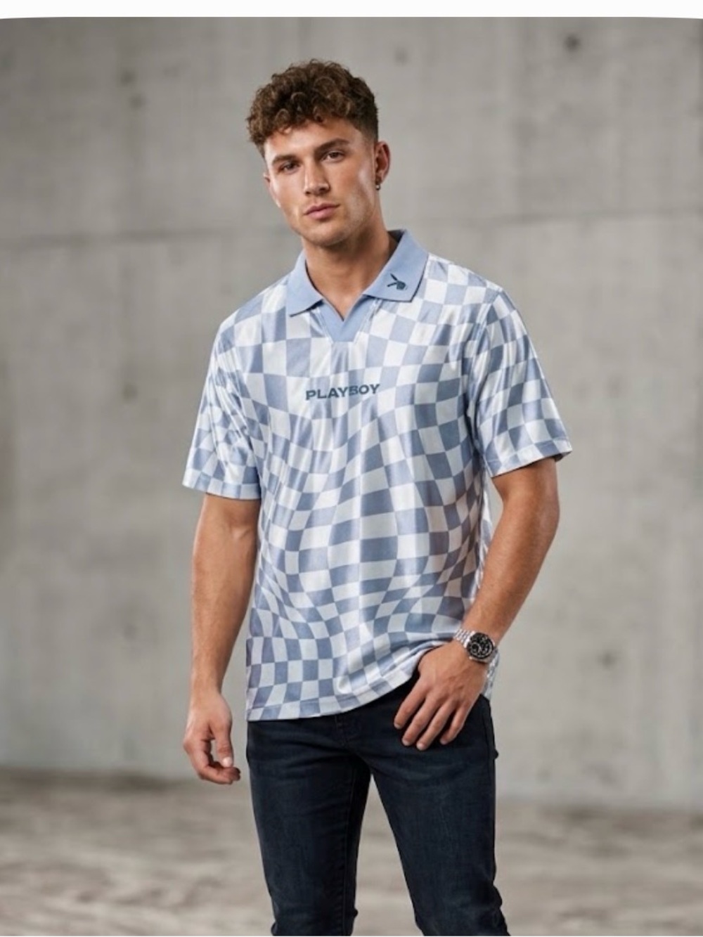 Playboy Men’s gray and white Checker Polo Shirt
